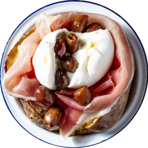 Raw ham, burrata and olives