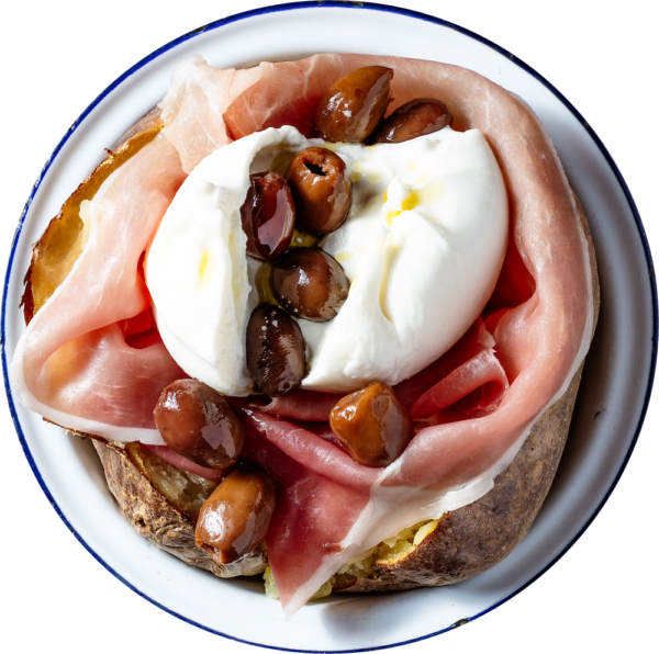 Raw ham, burrata and olives