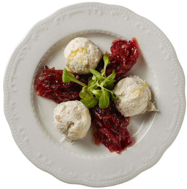 Baccalà mantecato e cipolle rosse caramellate