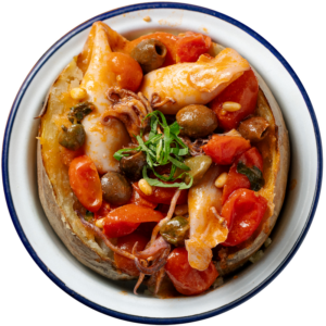 Mediterranean-style calamari with tomato, capers, olives and pine nuts
