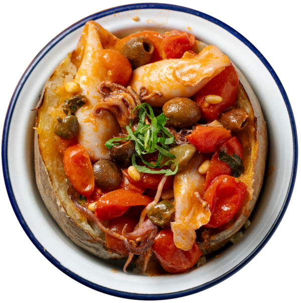 Mediterranean-style calamari with tomato, capers, olives and pine nuts