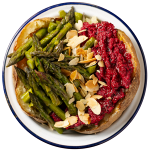 Cream of red beet and asparagus, oil, lemon and roasted almonds