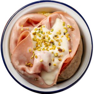 Mortadella, squacquerone cheese and pistachio granola