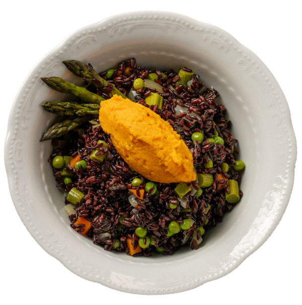 Venus rice with baby greens, asparagus and carrot mayonnaise
