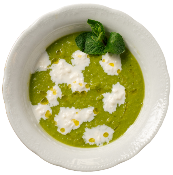 Velouté, peas, potatoes with mint and squacquerone cheese