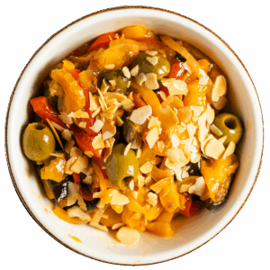 Caponata di melanzane e peperoni con mandorle tostate