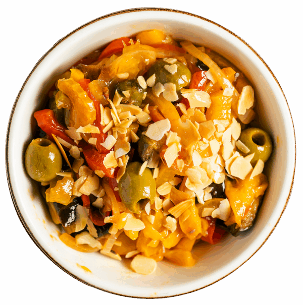 Caponata di melanzane e peperoni con mandorle tostate