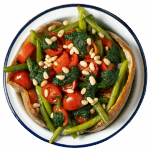 Fagiolini , crema di basilico, pomodorini e pinoli