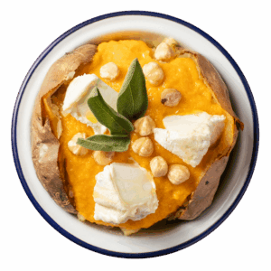 Crema di zucca, caprino, nocciole e olio alla salvia
