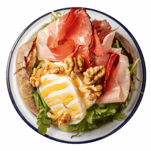 Speck, tomino fresco, rucola, miele e noci