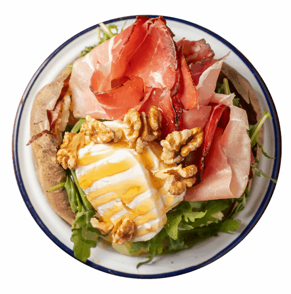 Speck, tomino fresco, rucola, miele e noci