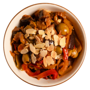Caponata di melanzane e peperoni con mandorle