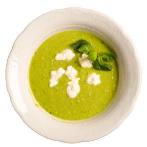 Vellutata di piselli e patate con menta e squasquerone