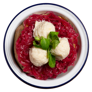 Baccalà mantecato e cipolle rosse caramellate