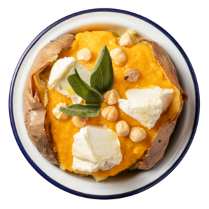 Crema di zucca, caprino, nocciole e olio alla salvia