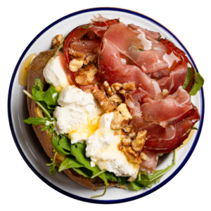 Speck, tomino fresco, rucola, miele e noci